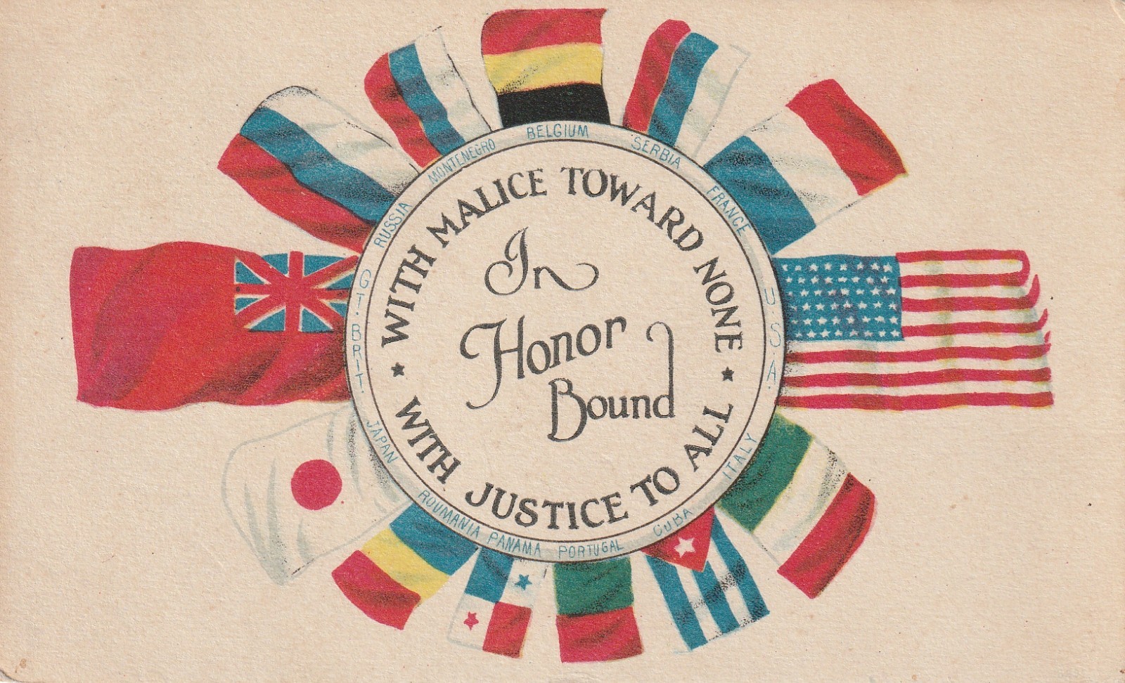 Vintage Postcard WWI era Flags of the Allied Powers WITH MALICE TOWARD NONE 1917