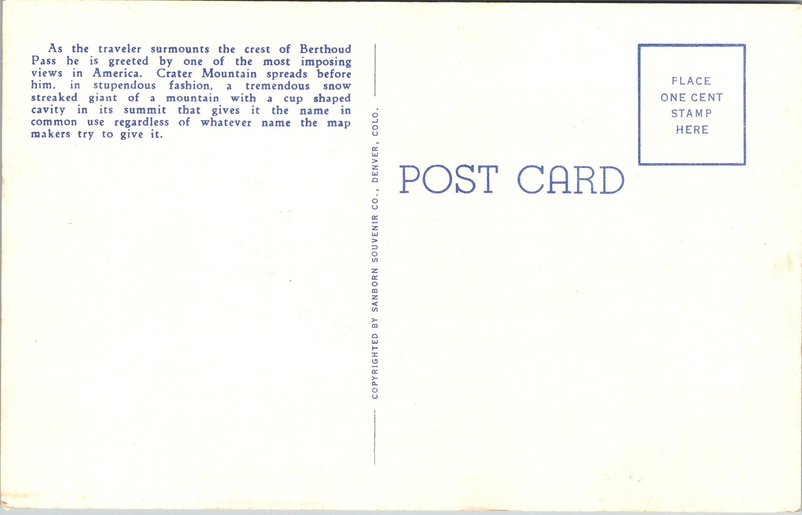 Sanborn Souvenir Co. Postcard Crater Mountain Berthoud Pass Colorado B67