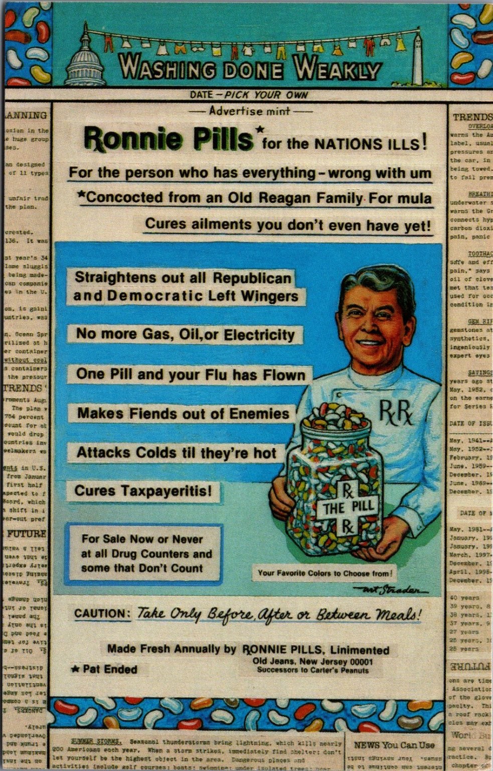 Ronnie Pills Reagan Political Satire Postcard Art Shrader Washing Done Weakly