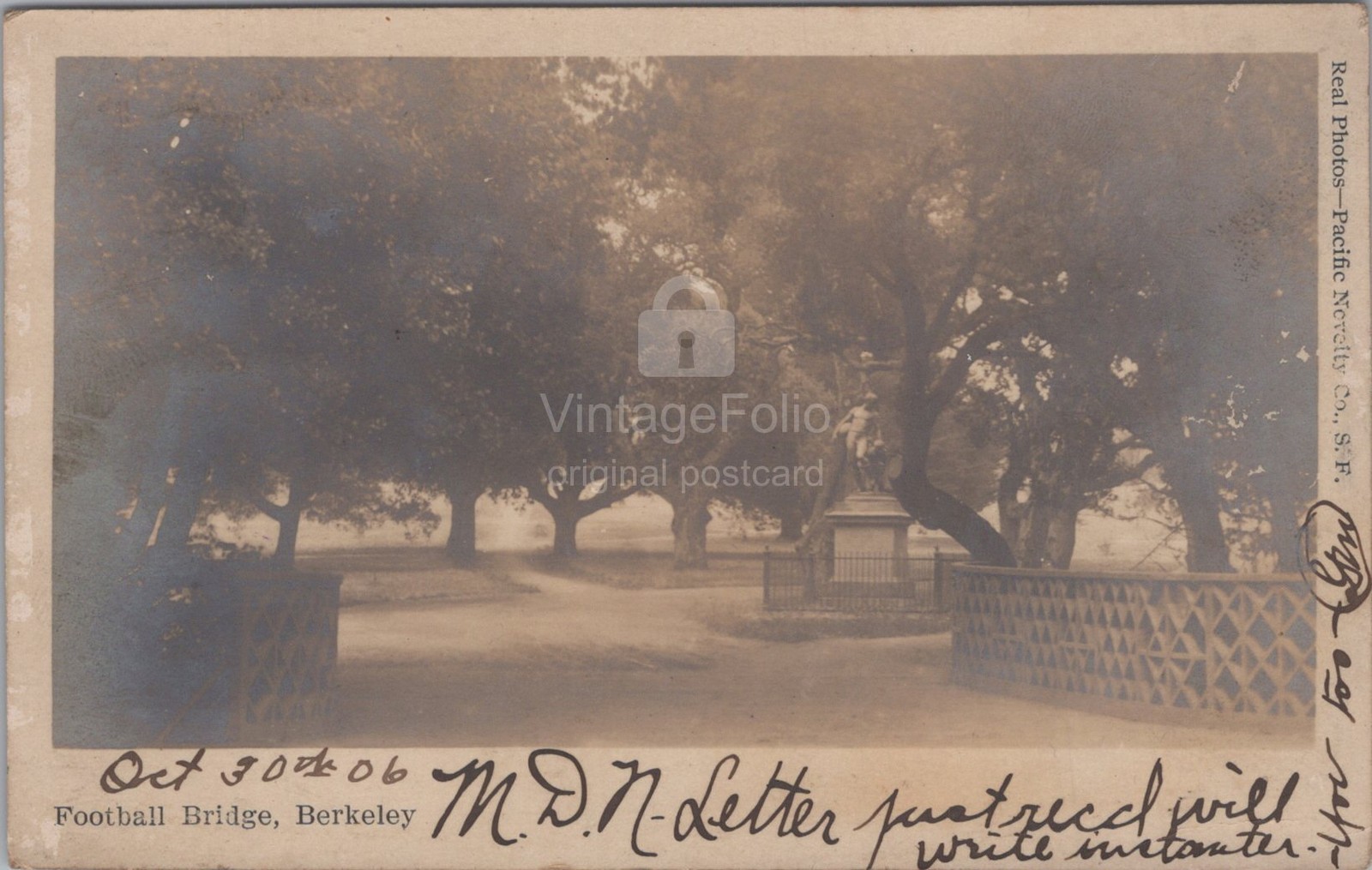Football Bridge UC Berkeley CA Statue RPPC Pacific Novelty Co 1906 Postcard