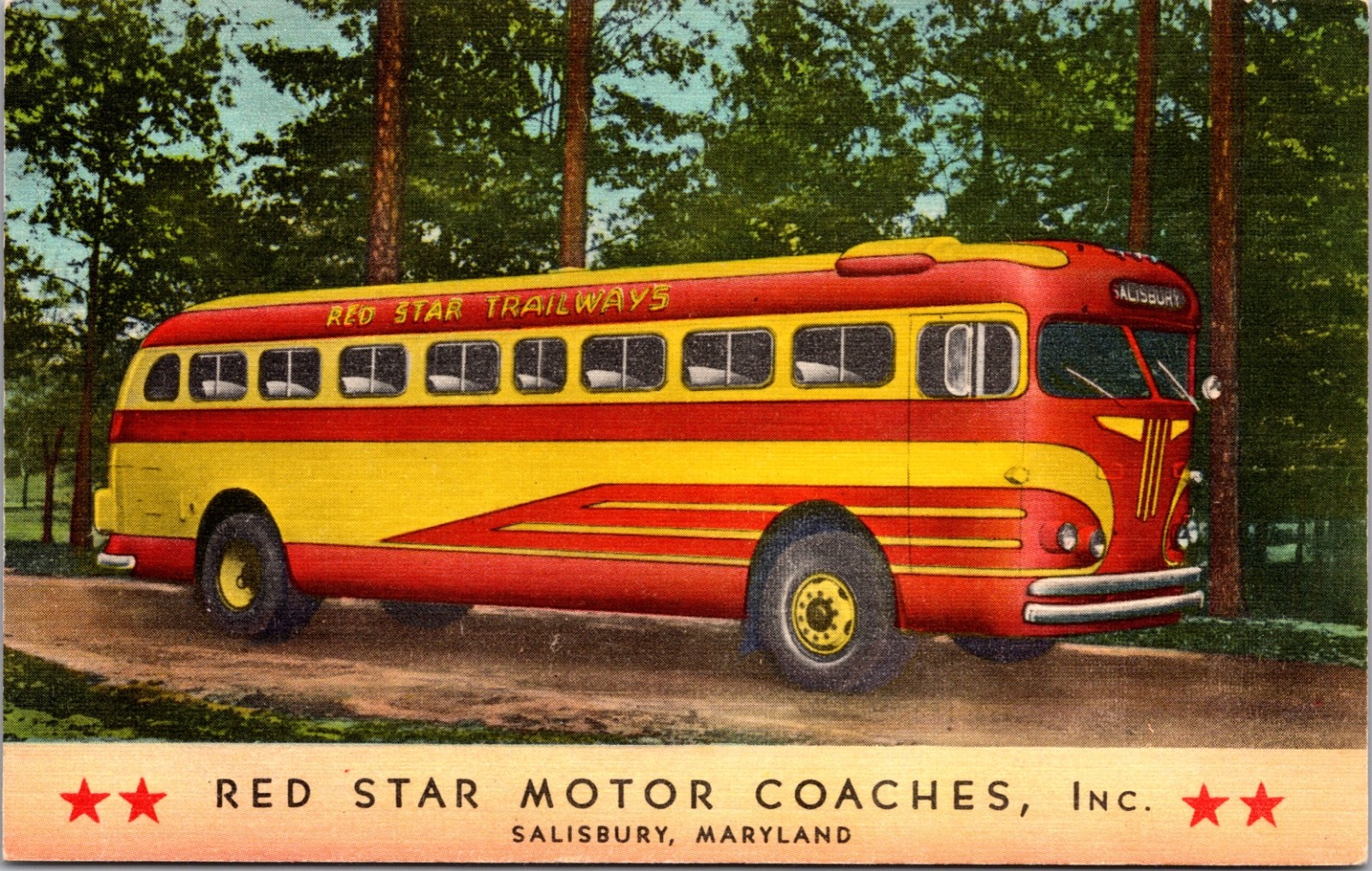 Red Star Trailways Bus Postcard Salisbury Maryland Beals Glo Var 1950s Linen VTG