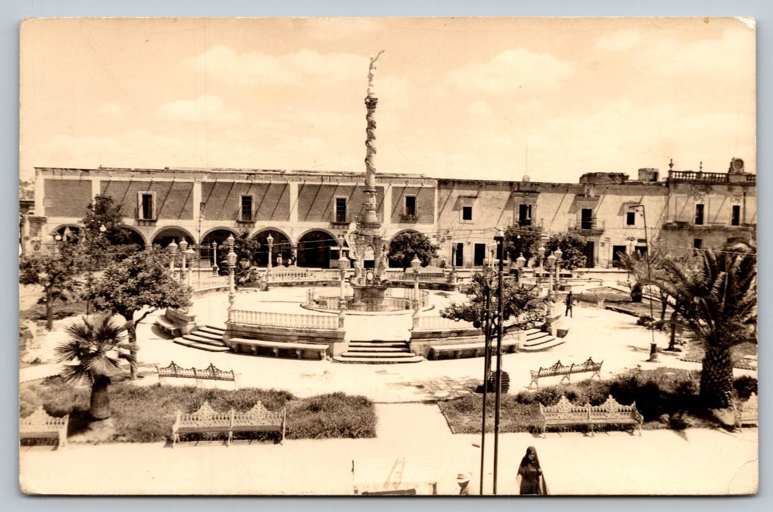 Vintage Sepia Postcard of Plaza de Armas, Oaxaca Mexico Fountain RPPC