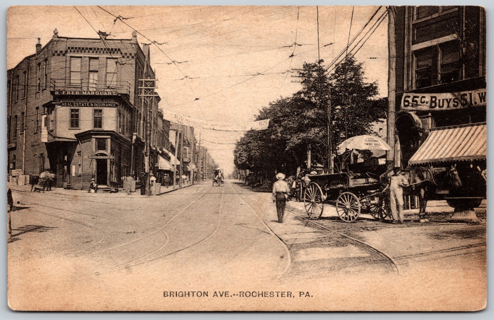 Early 1900s Brighton Ave Rochester PA Horse Drawn Wagon Street ANTIQUE Postcard