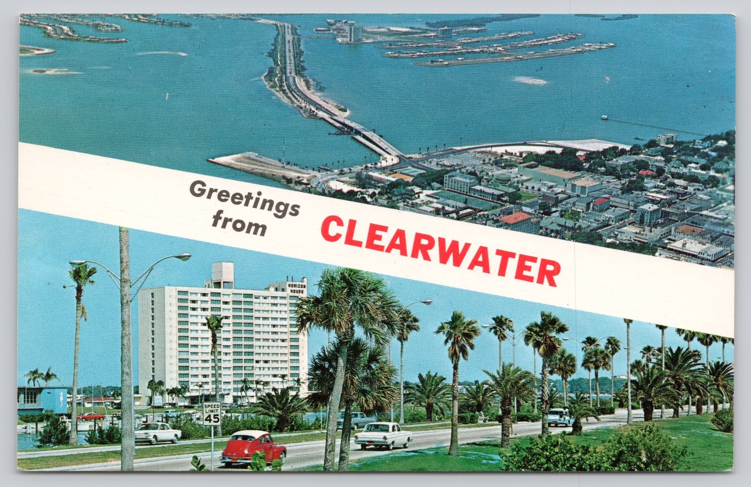 Clearwater Florida Postcard Aerial View Causeway & Horizon House Apts Chrome