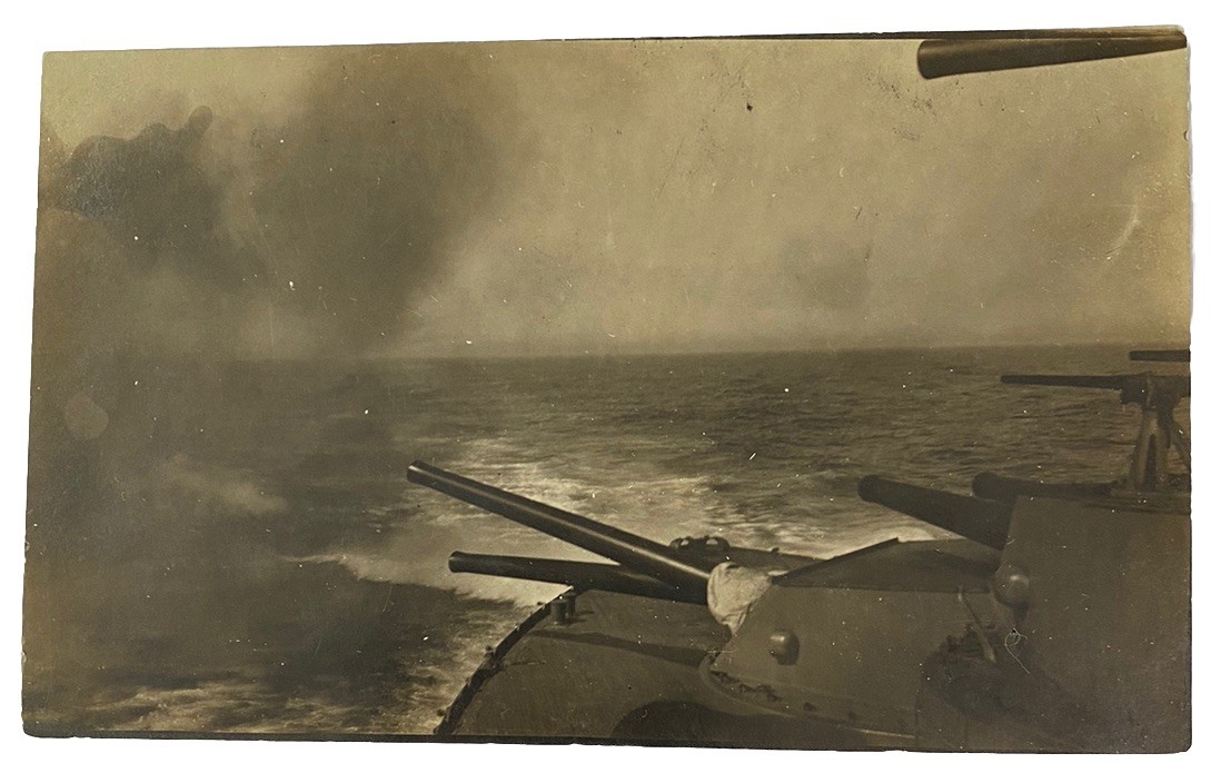 Firing a 12″ Gun #4 Turret View US Navy Battleship ~ Antique 1910s RPPC Postcard