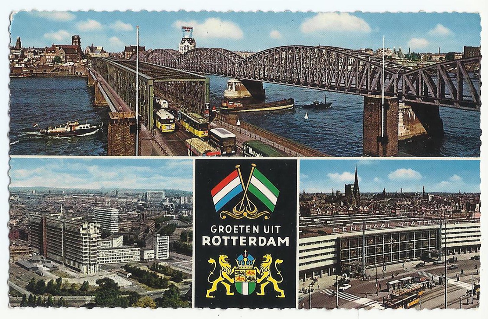Rotterdam Netherlands, Vintage PC, 3 Views-Coat of Arms, 1965