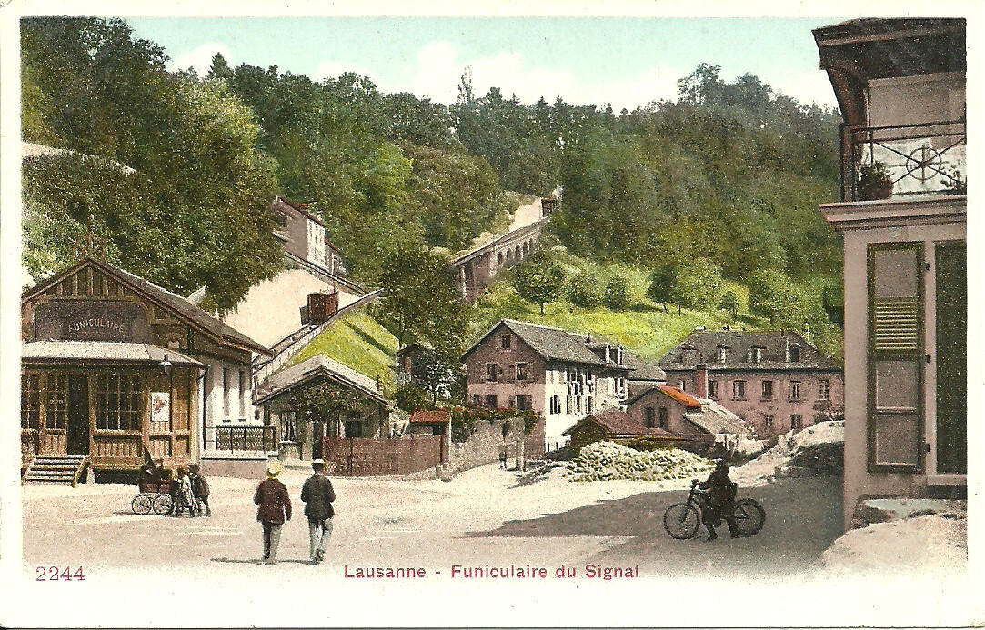 Postcard Lausanne Canton of Vaud – Funiculaire du Signal, Station, Vélo – approx. 1910
