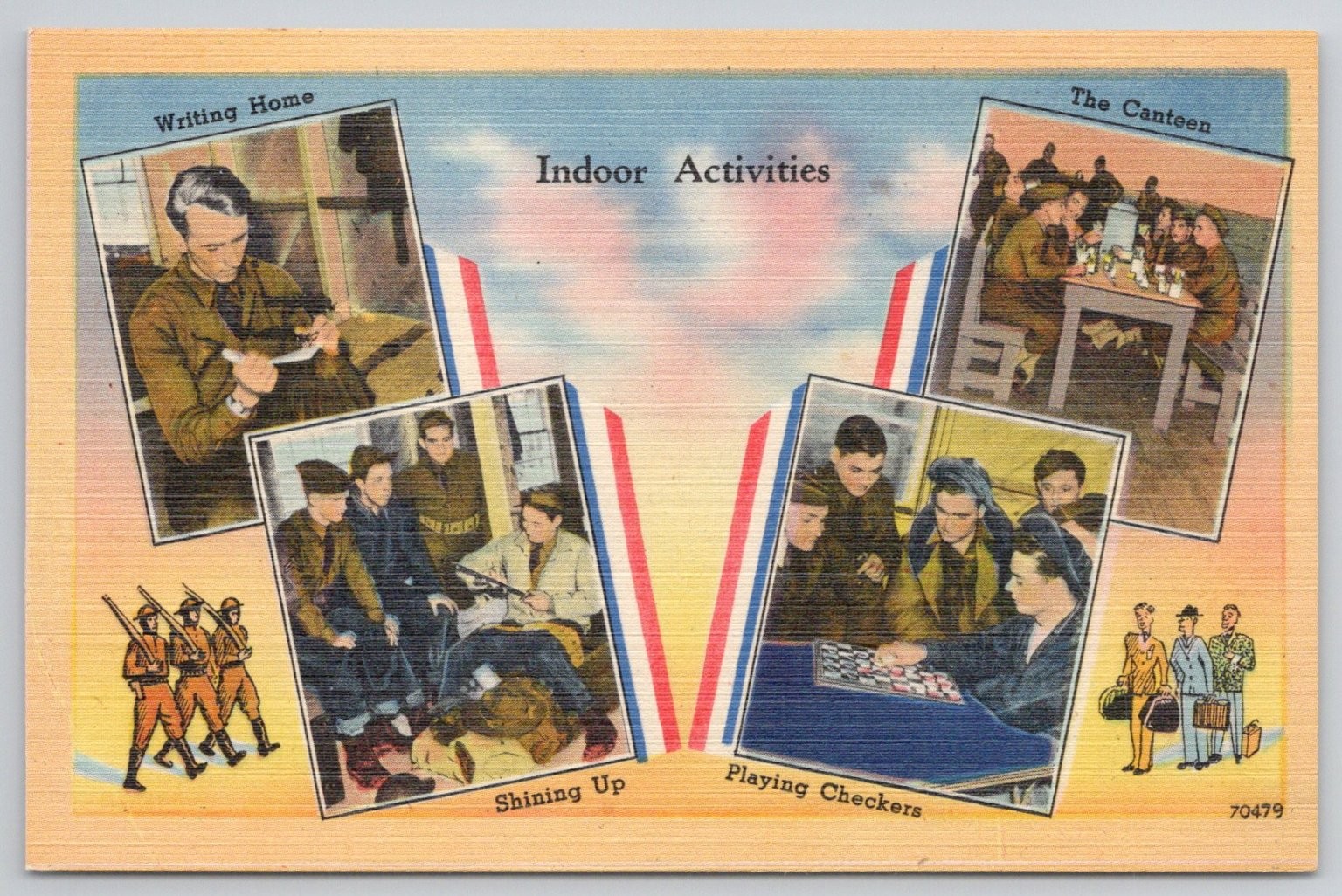 WWII Era Military Postcard Indoor Activities Soldiers Writing Canteen Checkers
