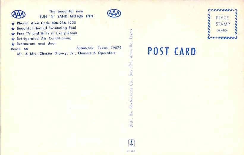 Vintage Sun ‘N’ Sand Motor Inn Postcard Shamrock Texas Route 66