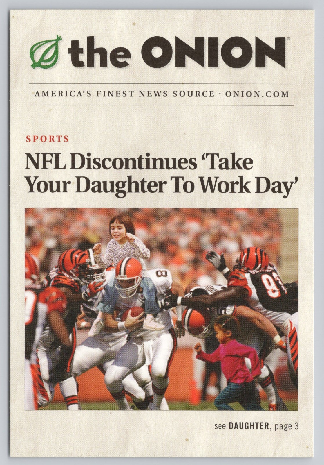 Onion Headline NFL Discontinues Daughter to Work Day Postcard The Onion Satire
