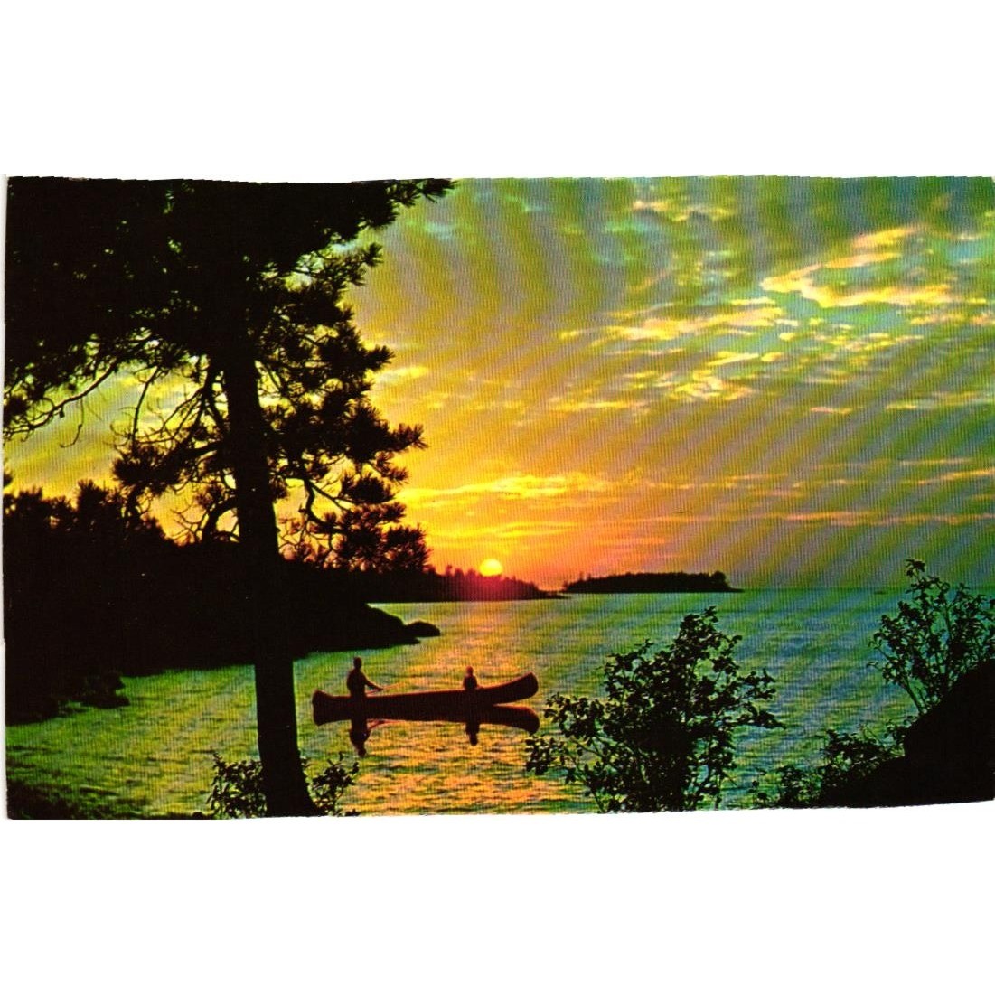 Vintage Pocono Mountains Sunset Canoe Postcard Dexter Press Sovereign PA Linen