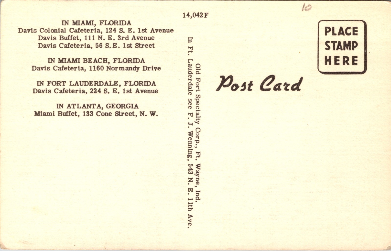 Davis Colonial Cafeteria Miami Florida Vintage Restaurant Postcard