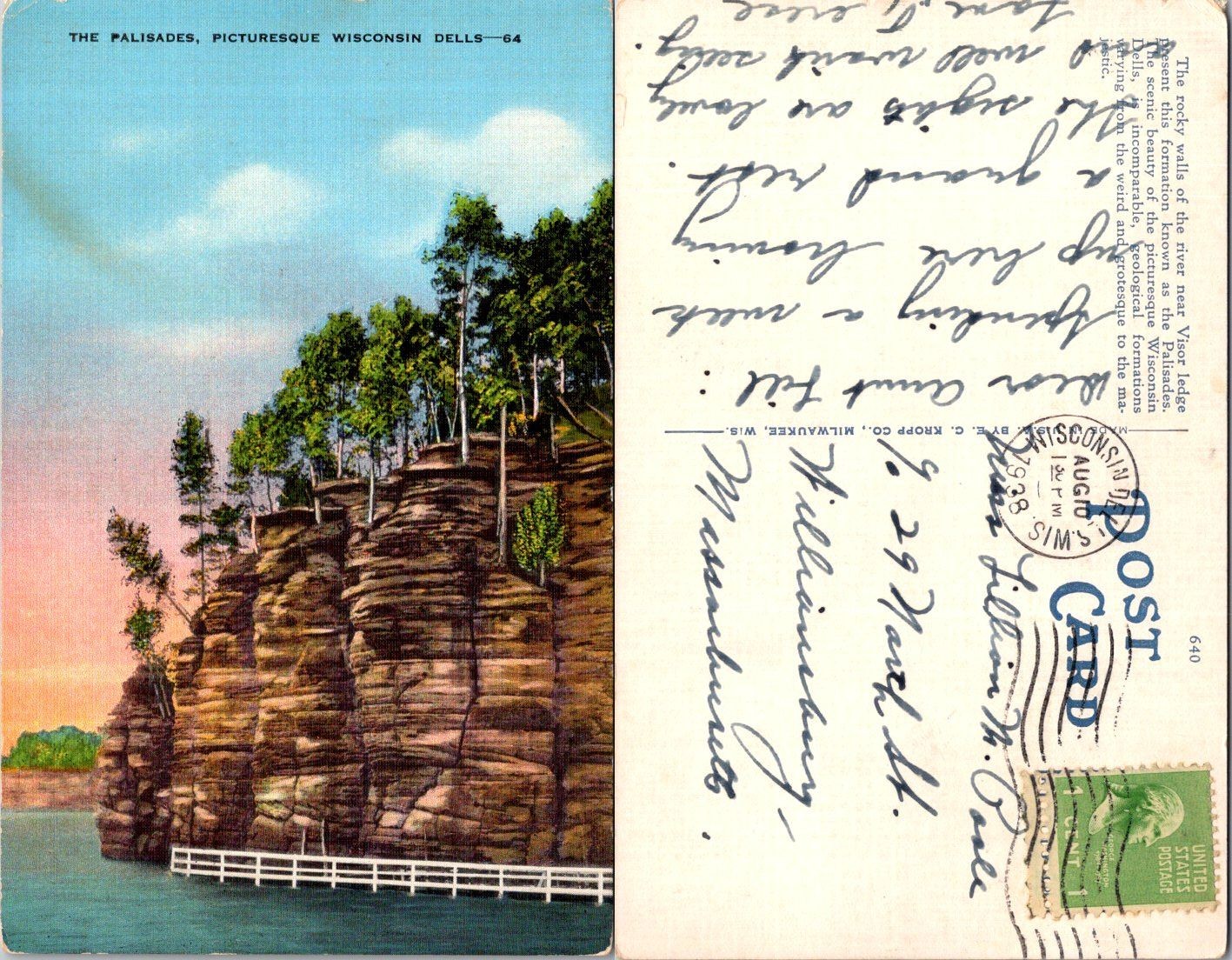 Wisconsin Dells The Palisades Vintage Postcard 64 Mailed 1938 Handwritten Scenic