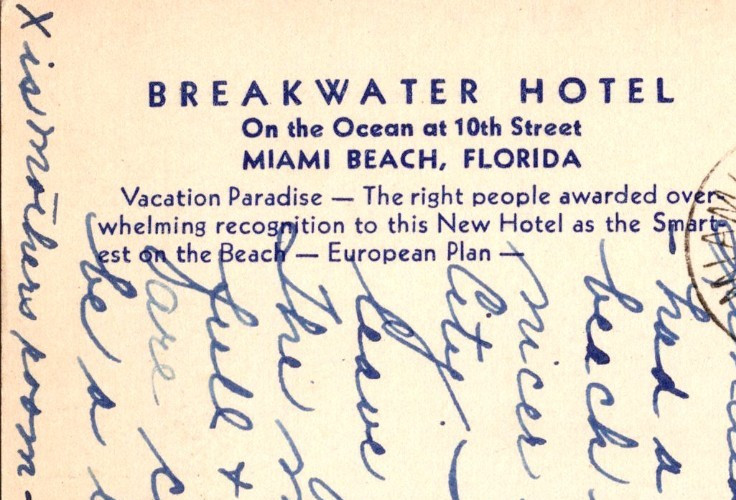 Postcard Breakwater Hotel Miami Beach Florida Linen Postmarked 1951