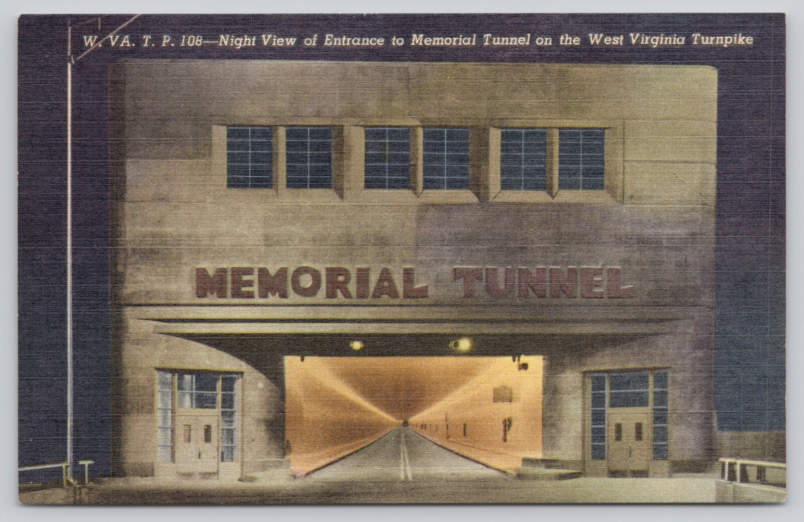 West Virginia Turnpike Memorial Tunnel Night View Linen Postcard Unposted
