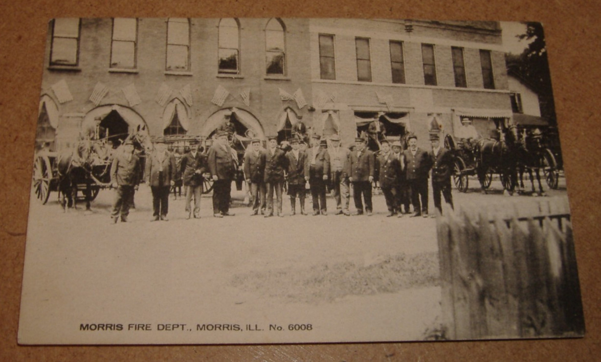 c1910 Morris Illinois Postcard Fire Department IL Town View Firemen & Equipment