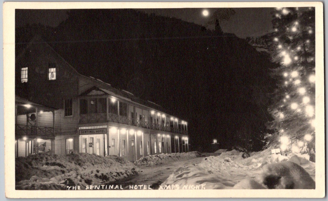 Vintage RPPC Matte Postcard Sentinel Hotel Yosemite Xmas Night Christmas Snow