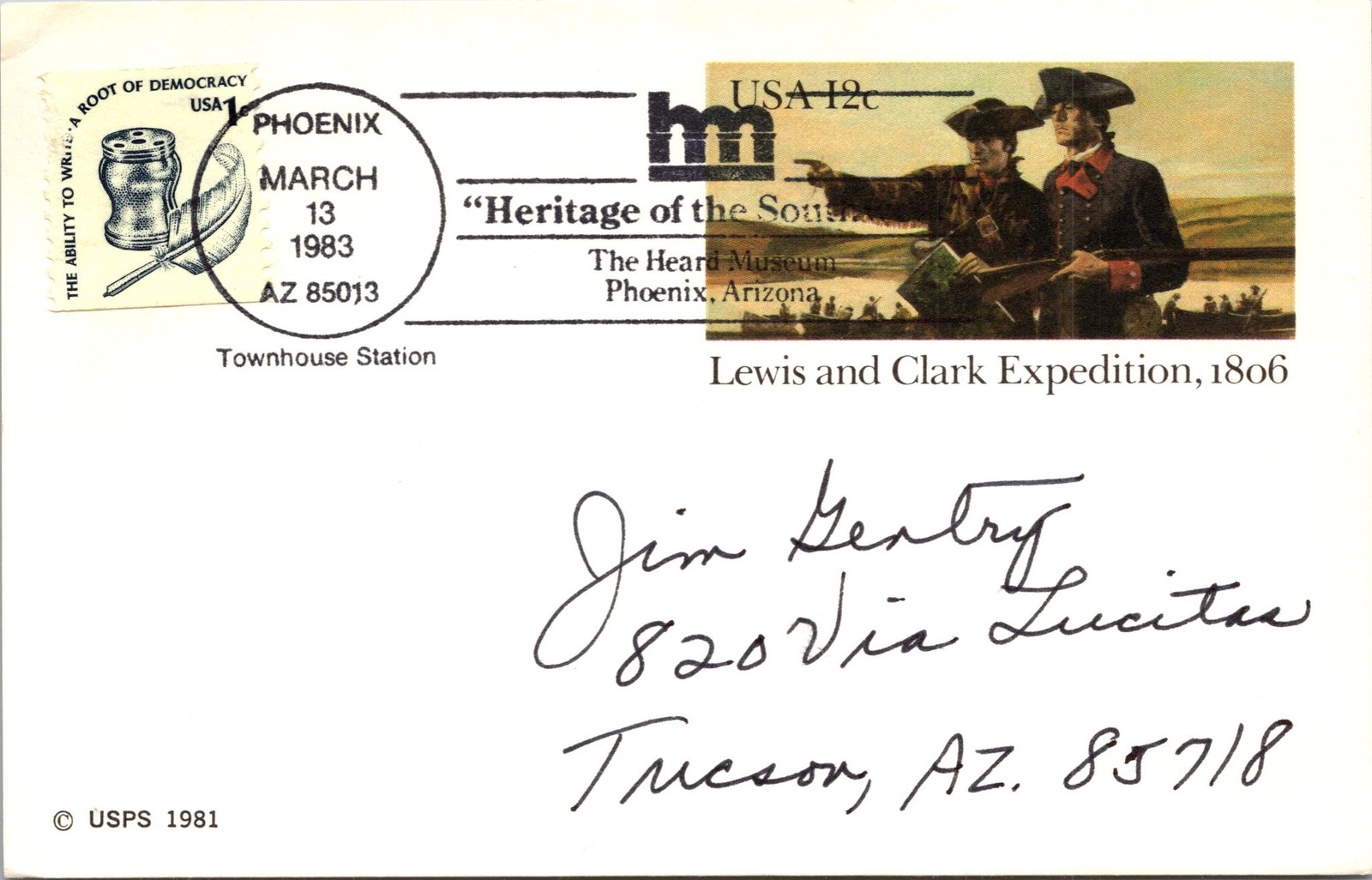 Lewis and Clark Postcard USPS 1981 Phoenix AZ Postmarked 1983 Handwritten Note