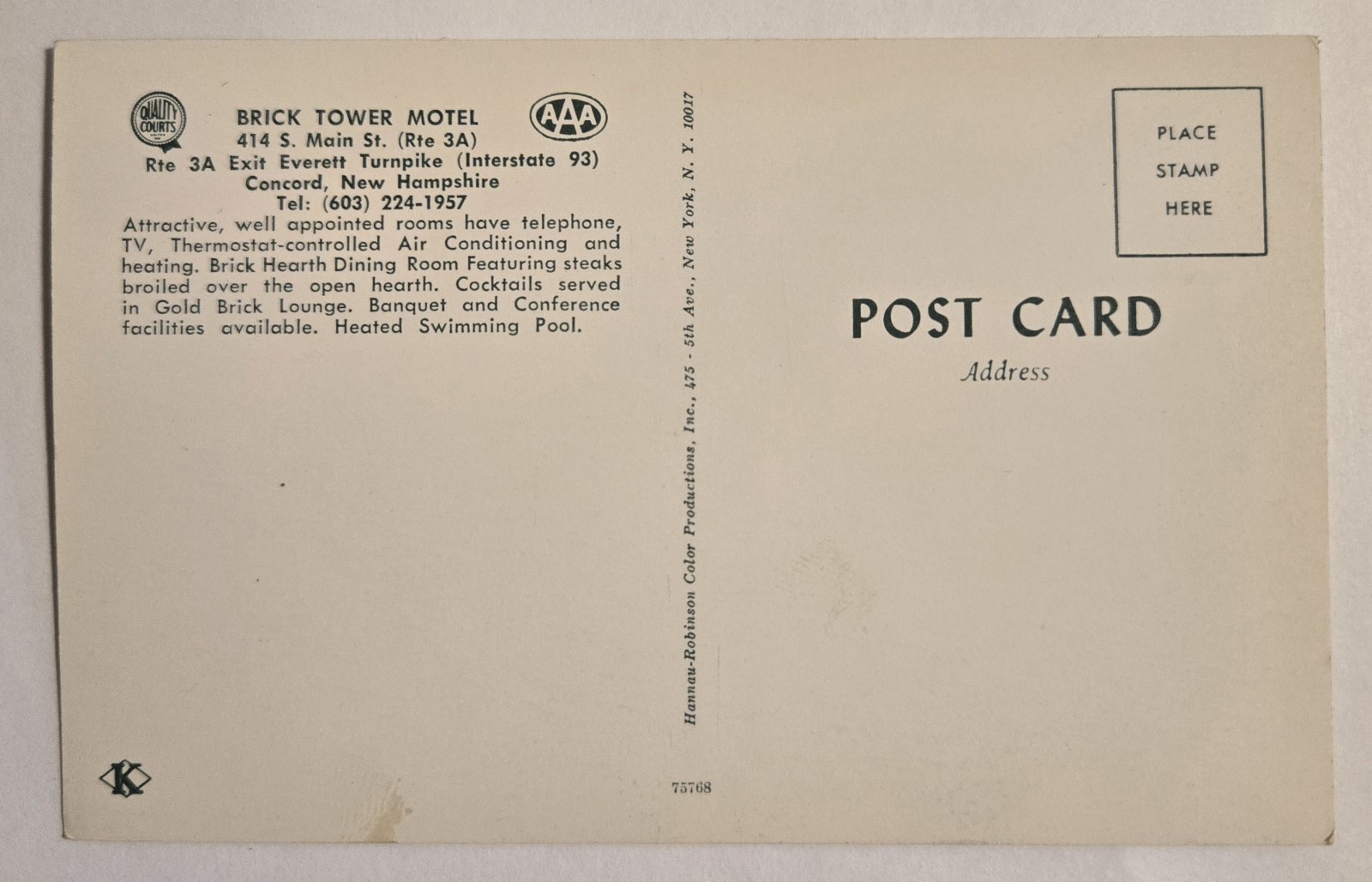 Vintage Unused Postcard Brick Tower Motel Concord, New Hampshire 5-1