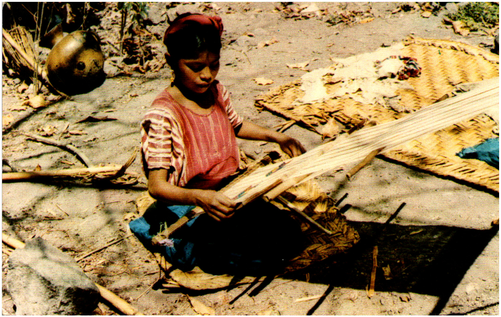 Native Girl Weaving on Loom Santiago Atitlan Guatemala 1940s Chrome Postcard
