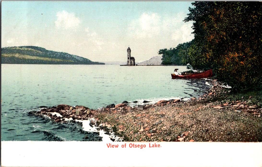 Cooperstown NY postcard VIEW OF OTSEGO LAKE KINGFISHER TOWER & CANOE j/05 BK7884