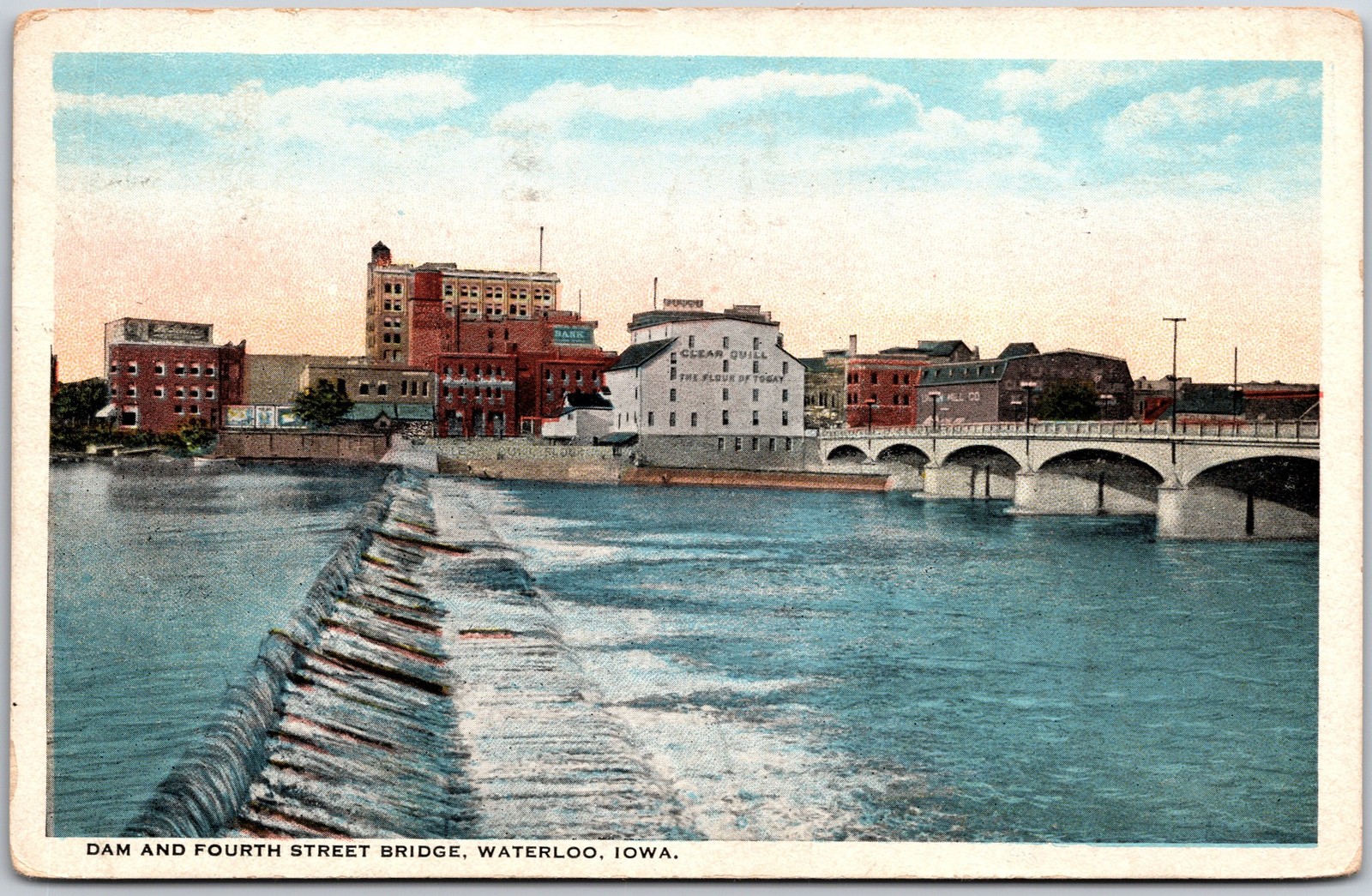 Waterloo Iowa IA, 1931 Dam & Fourth Street Bridge, Scenic River View, Postcard