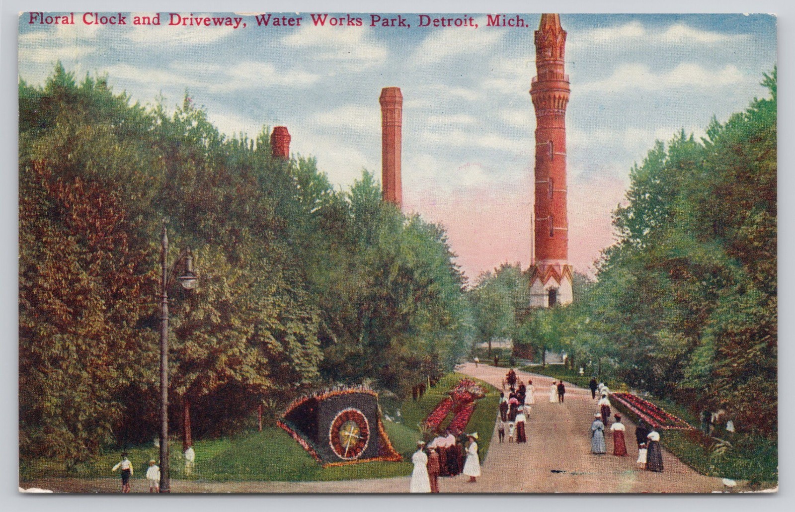 Detroit MI Michigan Floral Clock Driveway Water Works Park Towers Postcard
