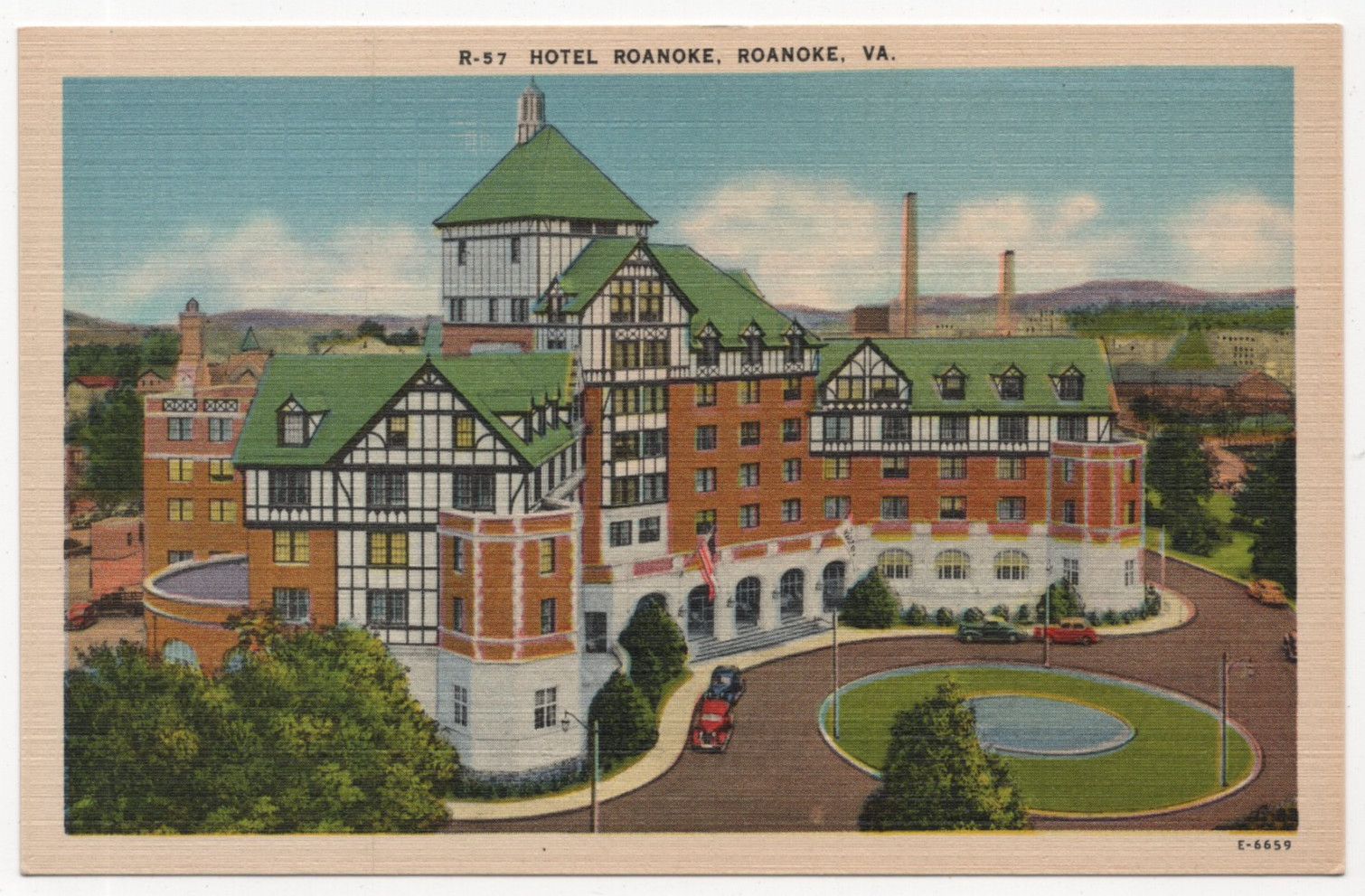 Hotel Roanoke VA Linen Postcard 1940s Tudor Revival Architecture Norfolk