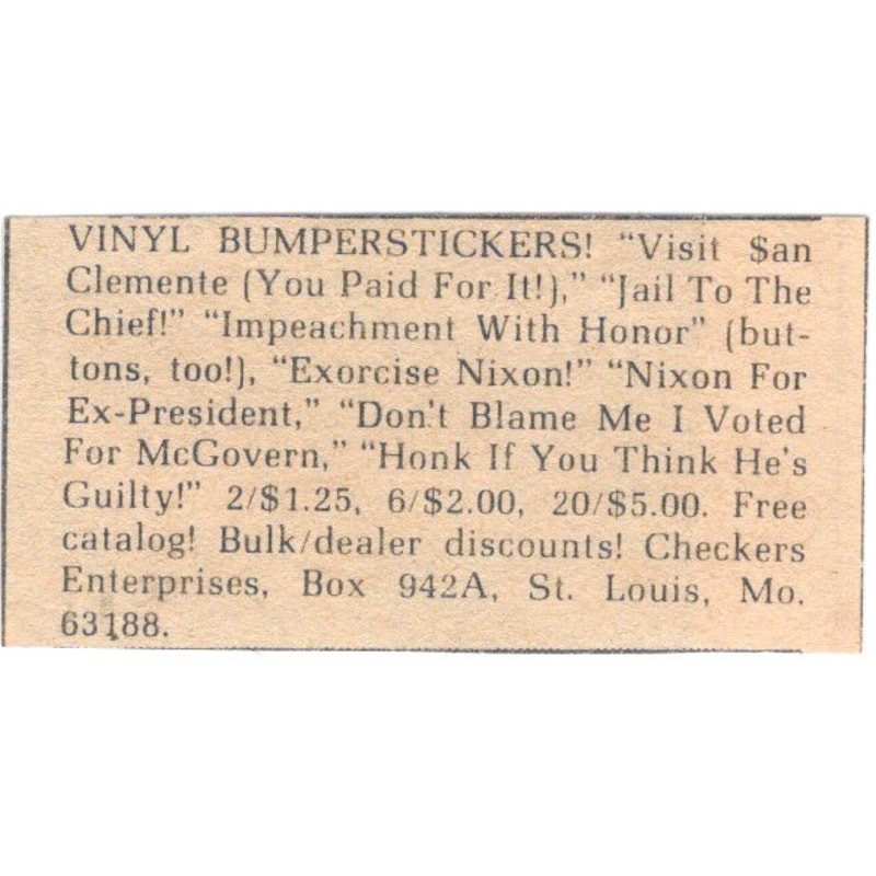 Checkers Enterprises Vinyl Bumper Stickers St. Louis MO – 1/2×2 1974 Ad AF6-S8