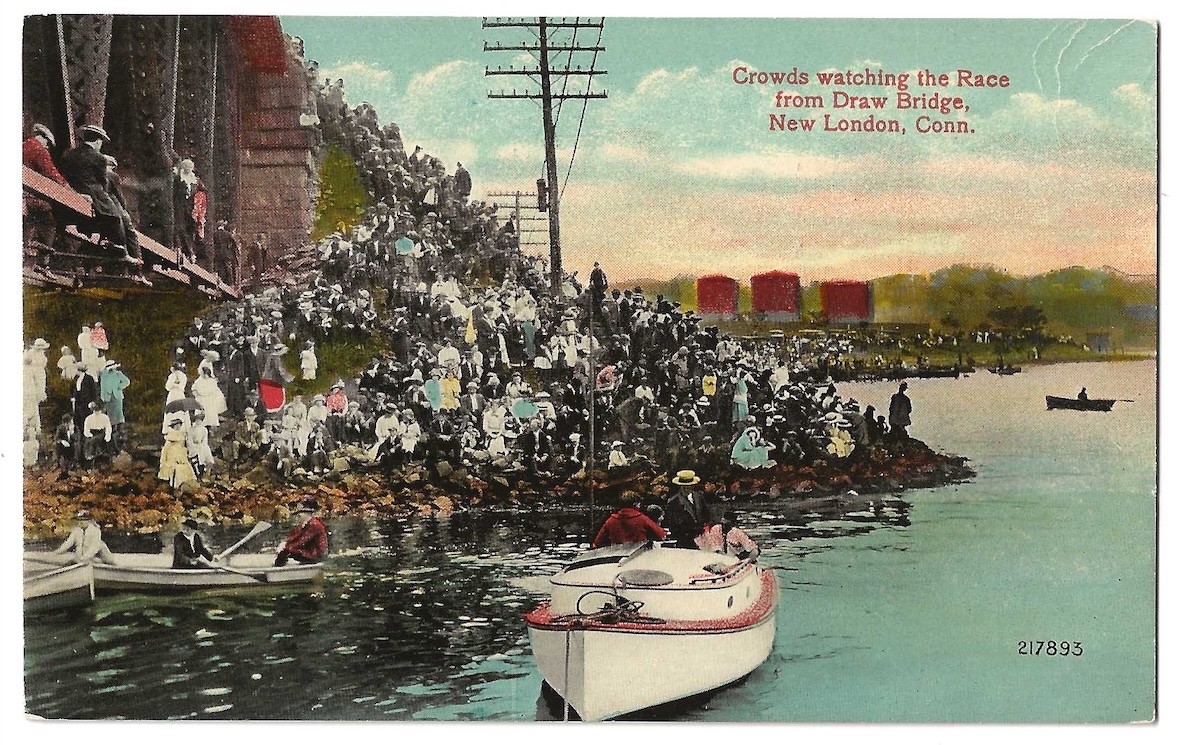 New London Connecticut c1915 Crowds watching Race Thames River, Iron Draw Bridge