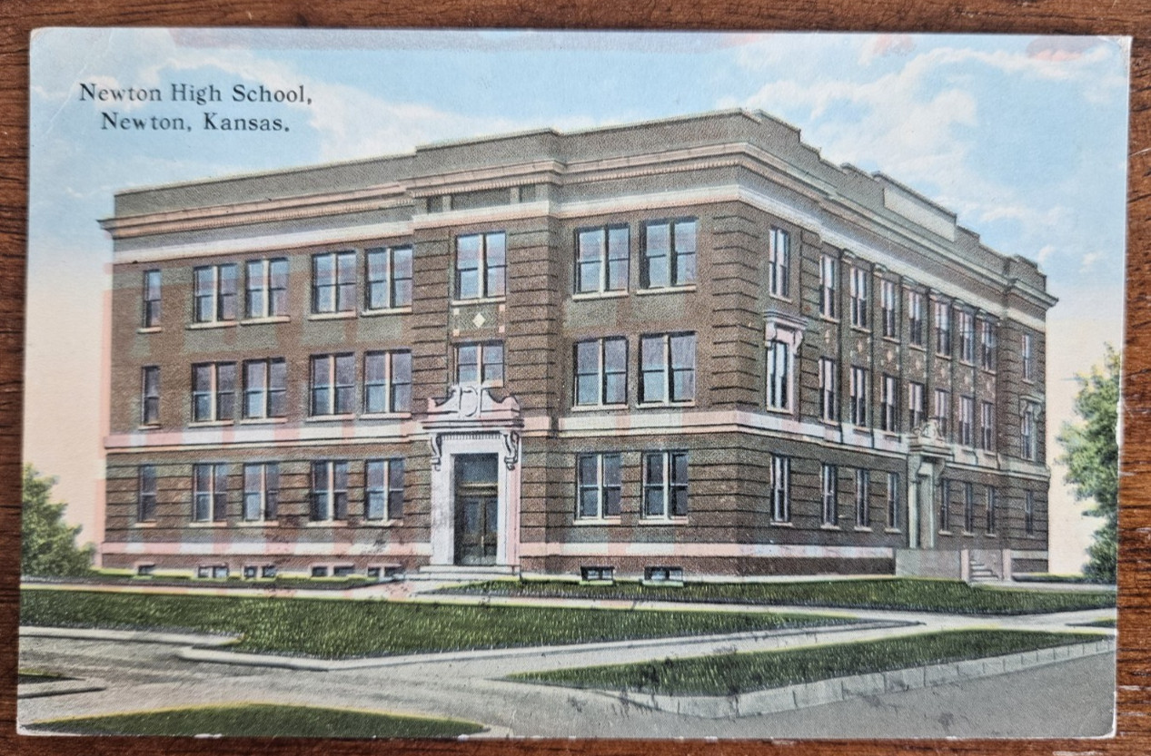 Newton Kansas Postcard High School Exterior View Building 1915 to Montrose, Iowa