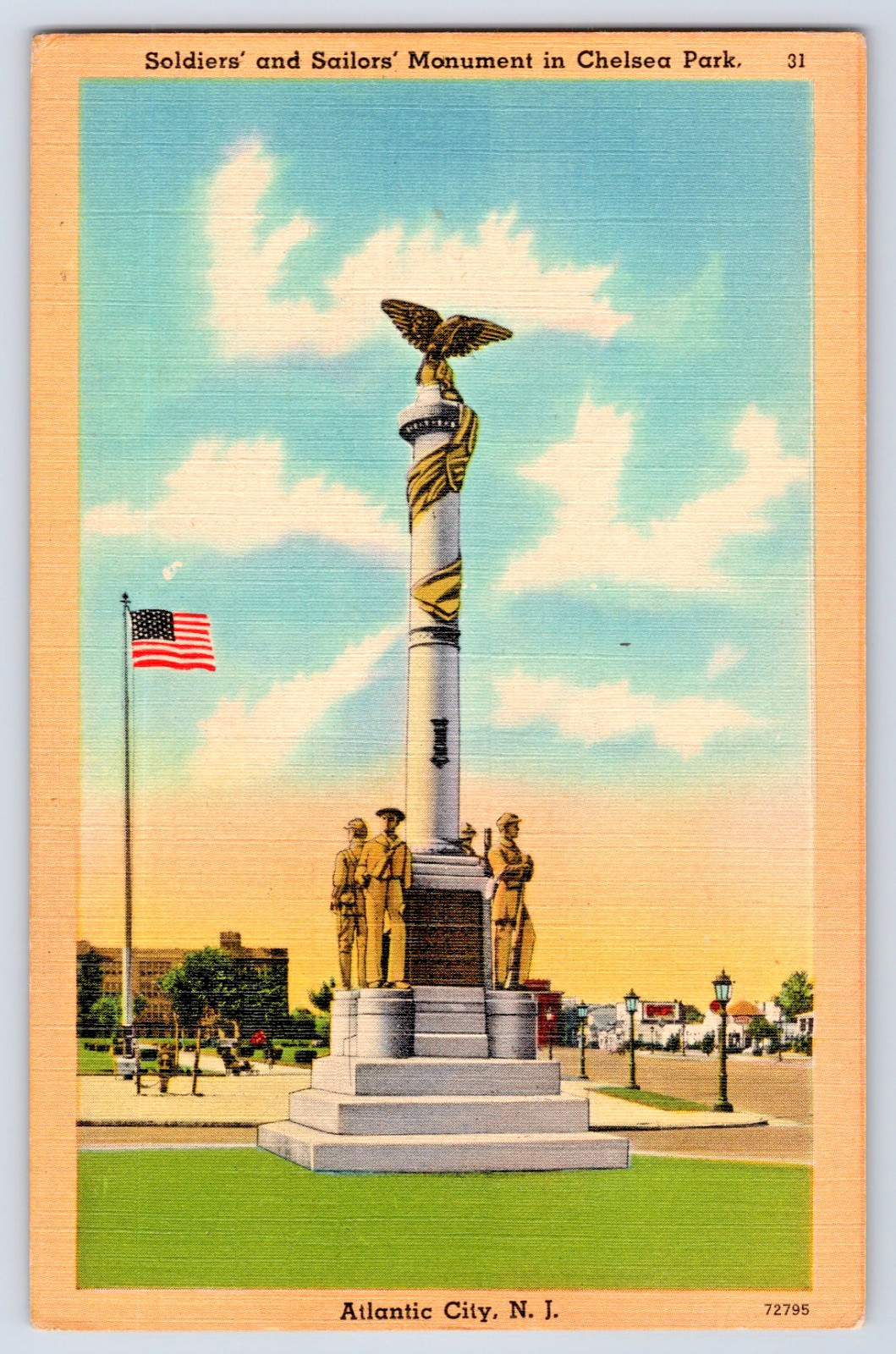 Atlantic City NJ New Jersey Soldiers & Sailors Monument & US Flag VTG Postcard