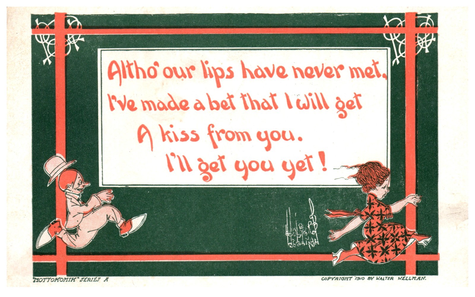 Vintage Postcard 1910 Walter Wellman Comic Motto Kiss Bet Series A Unposted