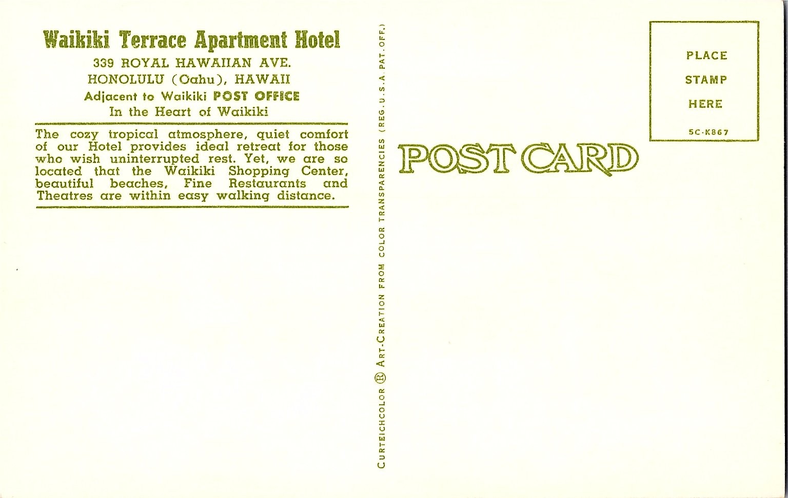 Waikiki Terrace Apartment Hotel Honolulu Old Cars Hawaii Chrome Postcard 1950s