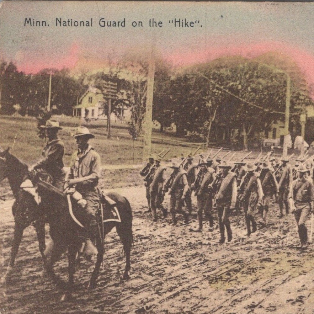 1911 Camp Lake View National Guard On The Hike Minnesota Hand Colored Postcard