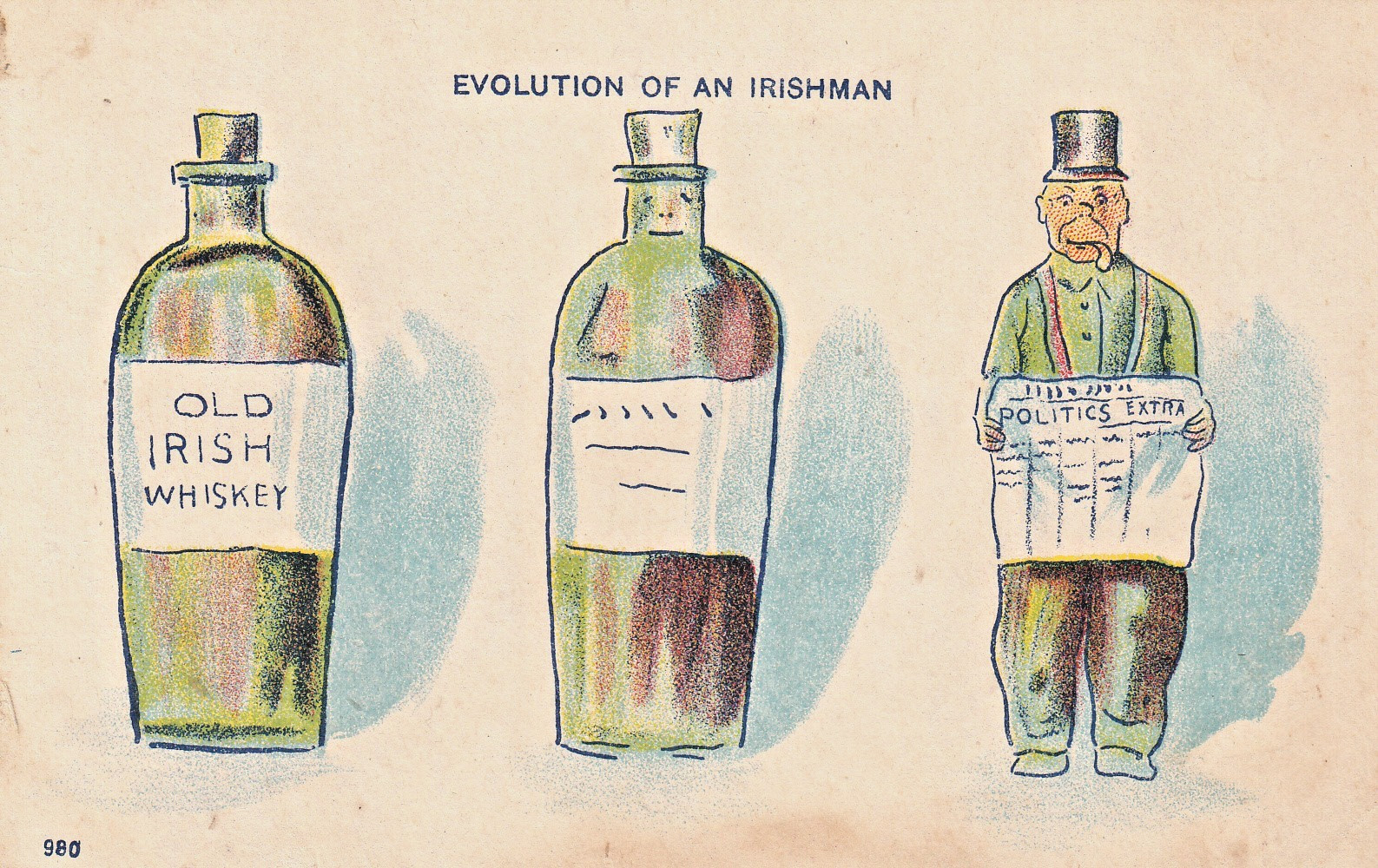 Evolution of an Irishman Satire Metamorphic Whiskey Bottle to Man c1915 Postcard