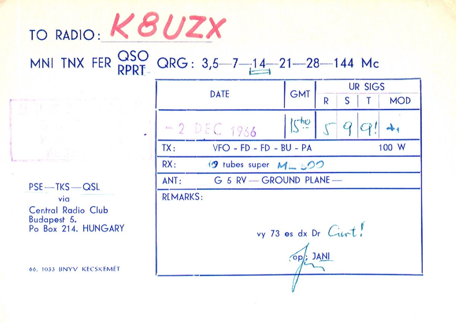 Central Radio Club Budapest Hungary HA8UA QSL Radio Postcard
