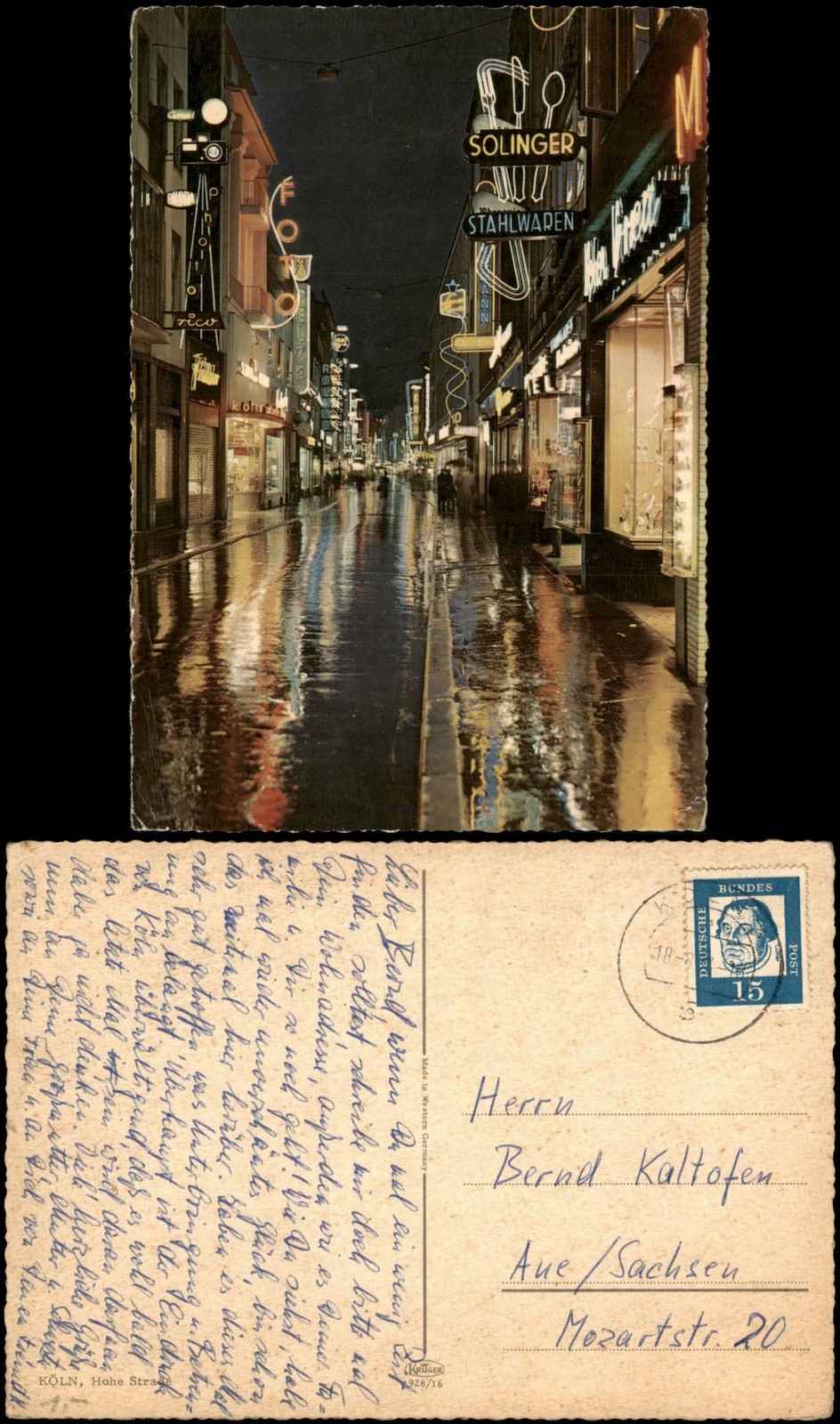Postcard Cologne High Street at night and rain neon sign 1964
