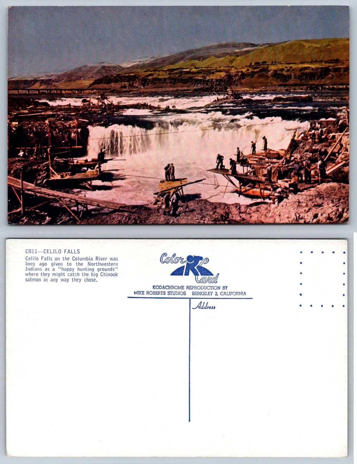 Celilo Falls Columbia River Indian Fishing Kodachrome Postcard Vintage
