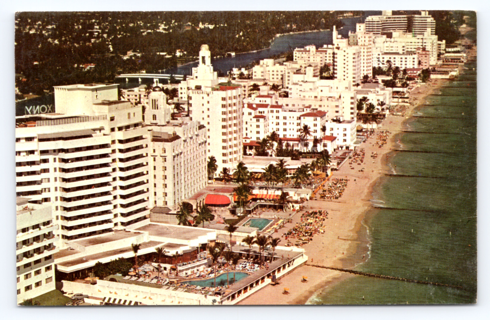 c1960 Hotel Row & Beachfront Postcard Miami Beach FL Aerial View Art Deco