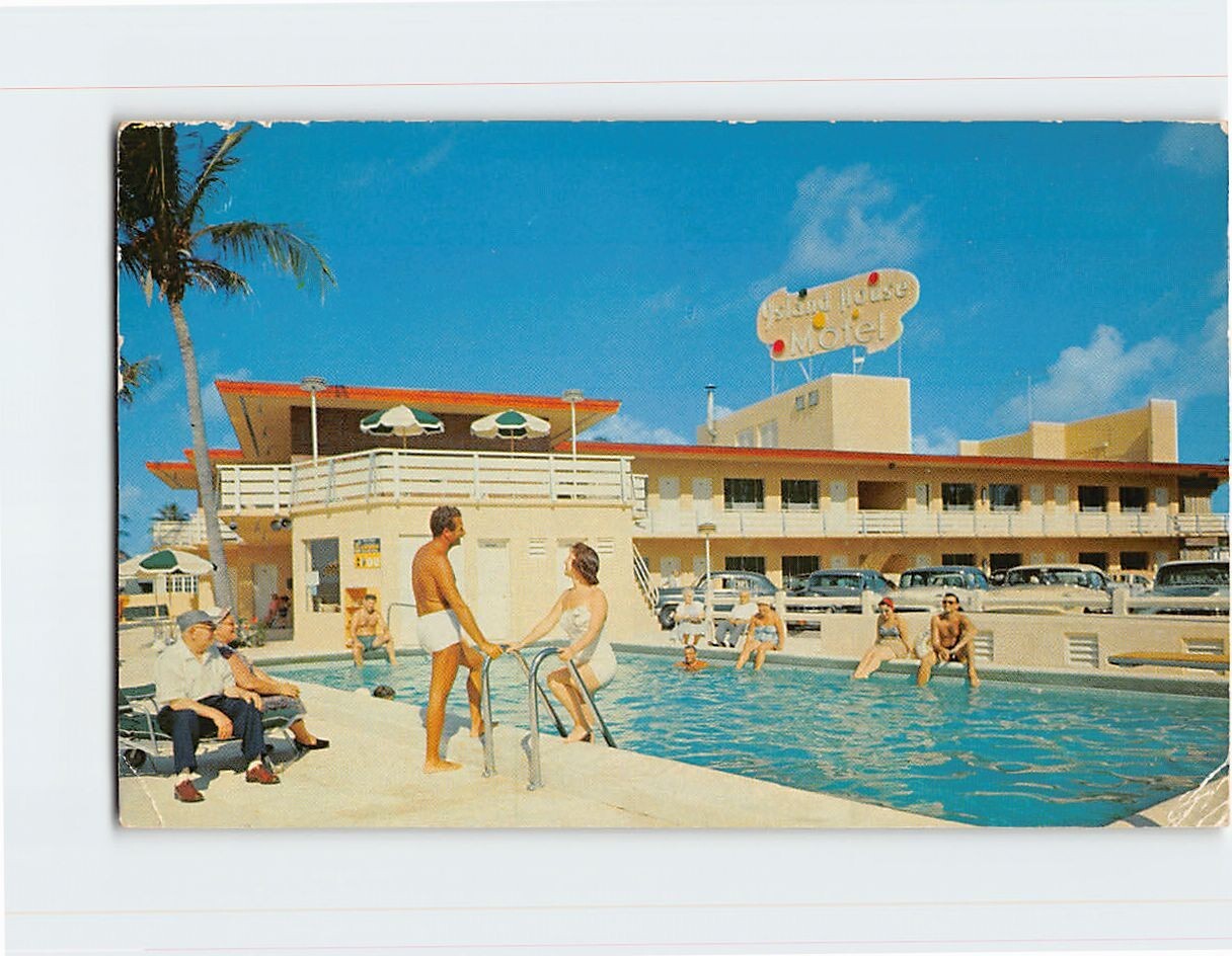 Postcard Pool View Island House Motel Miami Beach Florida USA