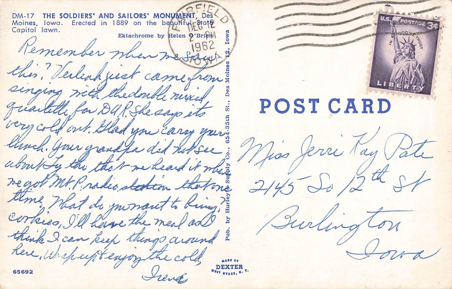 Des Moines Iowa Soldiers & Sailors Monument Postcard 1962 Ektachrome