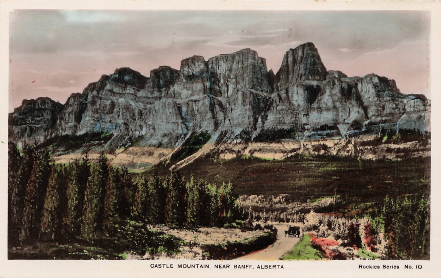 Castle Mountain Banff Alberta RPPC Hand Colored Vintage Car Rockies Series