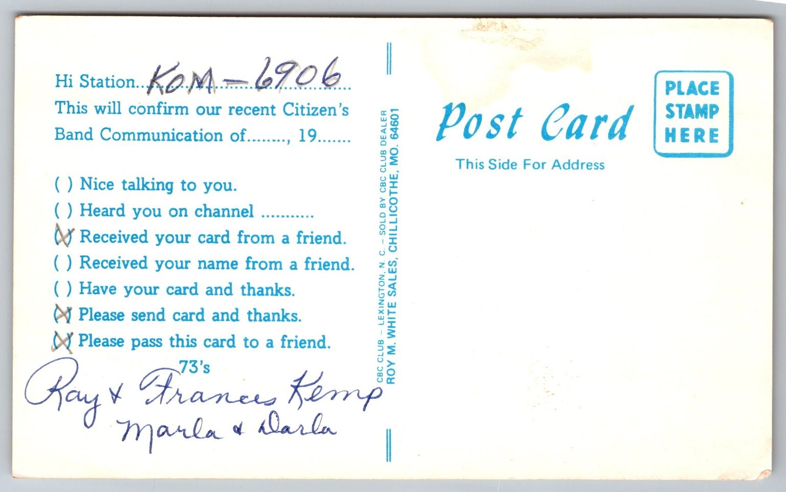 CB Radio QSL Postcard KDQ-3514 Cats Ray & Frances Kemp Mexico MO 1970s B22