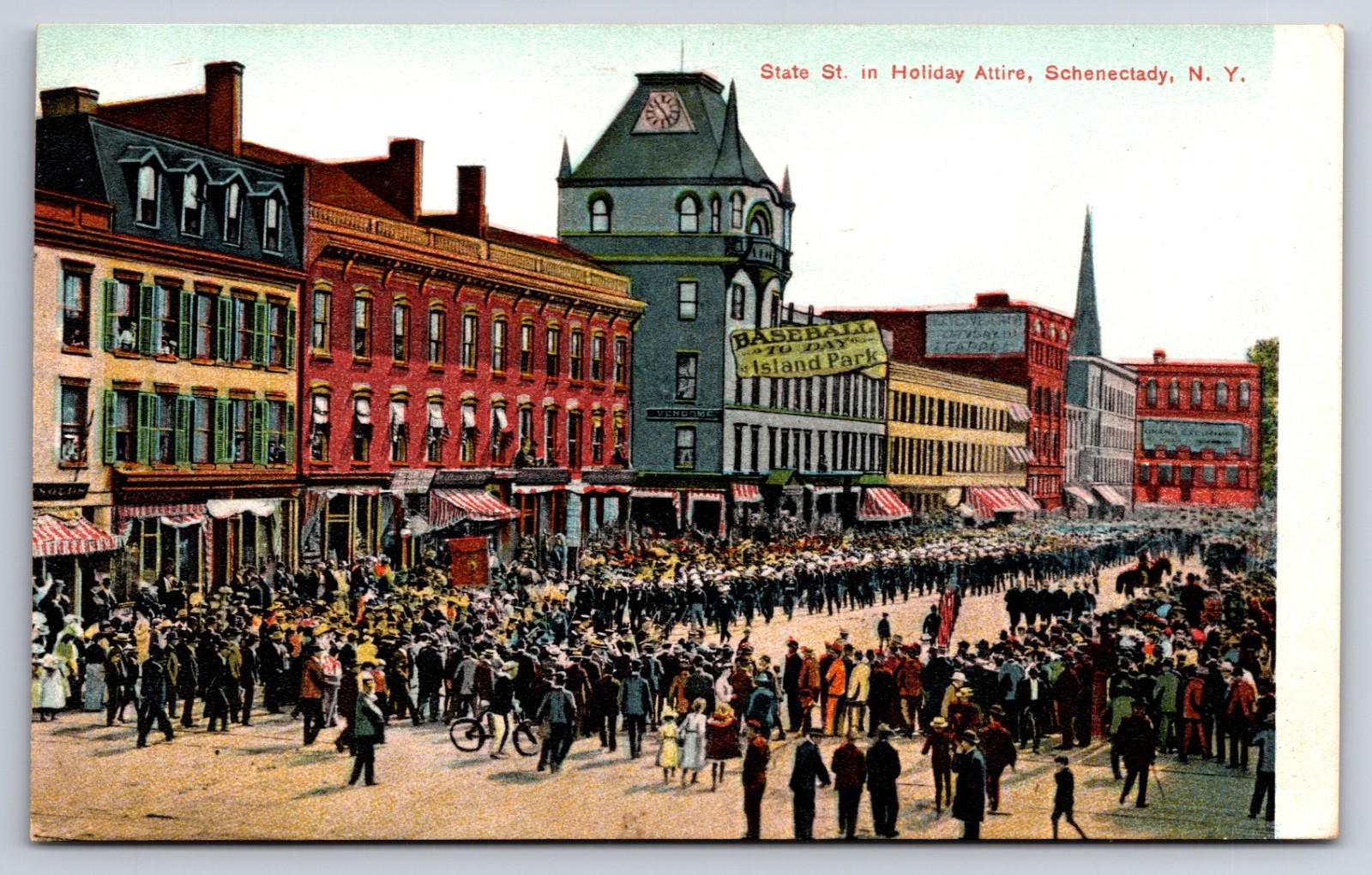 State Street Holiday Attire Schenectady New York Baseball Game Today Sign c1910