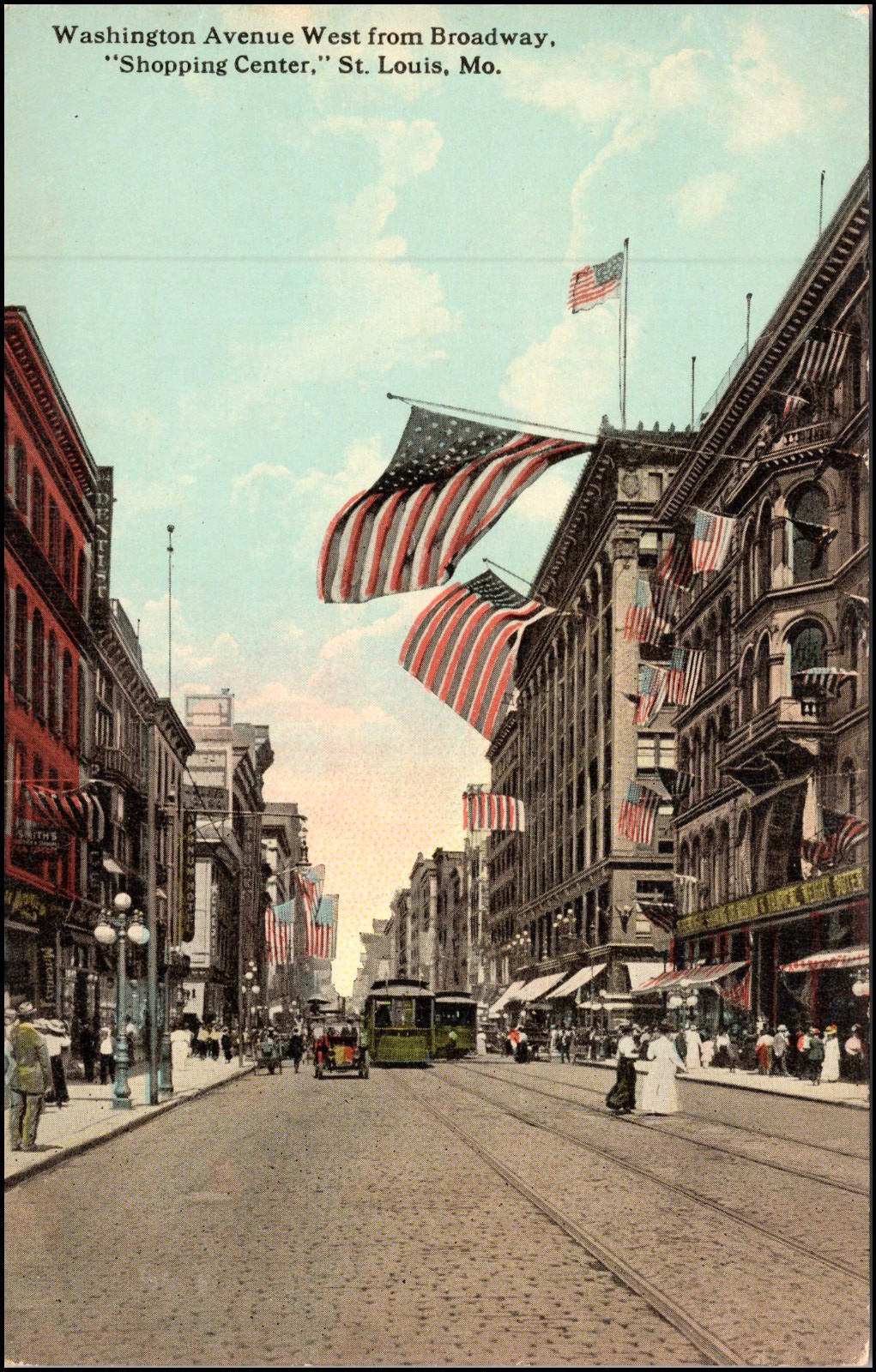 Shopping Center, St Louis, Missouri, Washington Ave. Flags ,1910s-Postcard B191