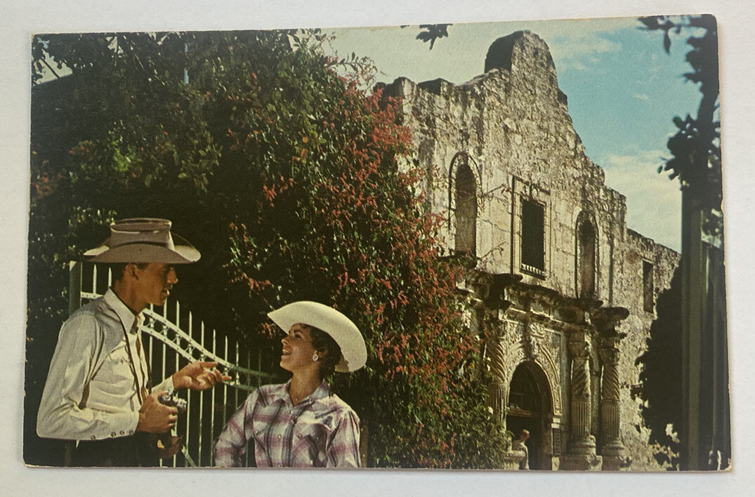 Vintage Postcard ~ Cowboy & Cowgirl outside The Alamo ~ San Antonio Texas TX