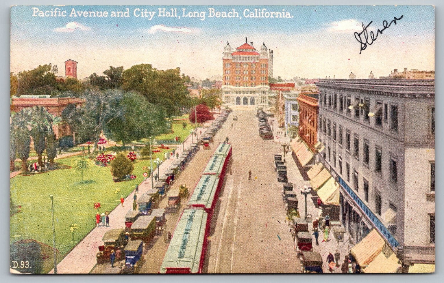 Long Beach CA Pacific Ave City Hall Streetcars Vintage Postcard D.93.