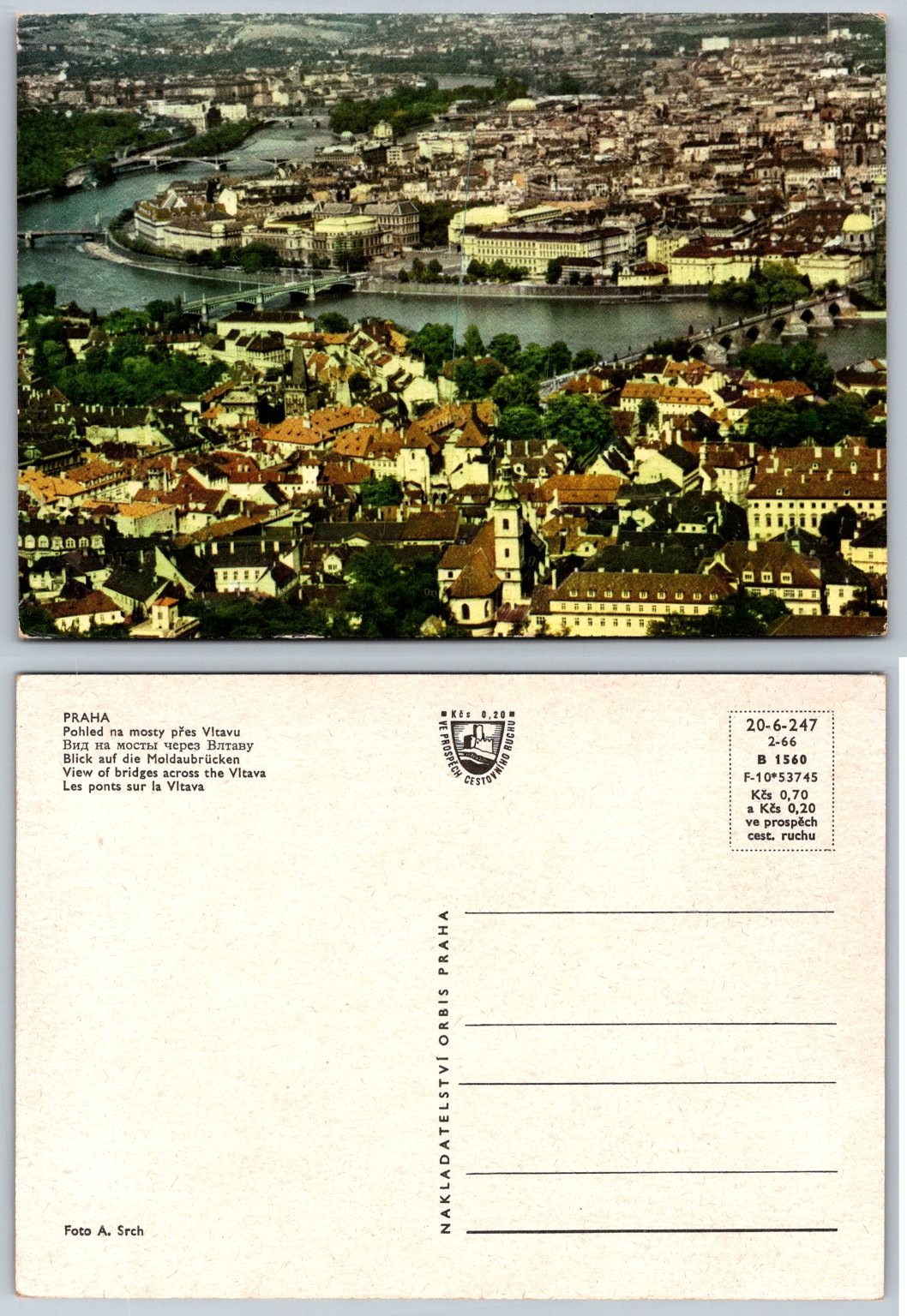 Vintage Prague Czech Republic Aerial Vltava River Bridges Orbis Postcard 1966
