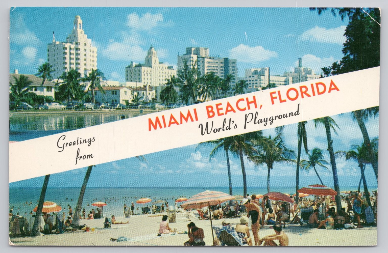 Vintage Miami Beach Florida Postcard World’s Playground Skyline Beach Scene